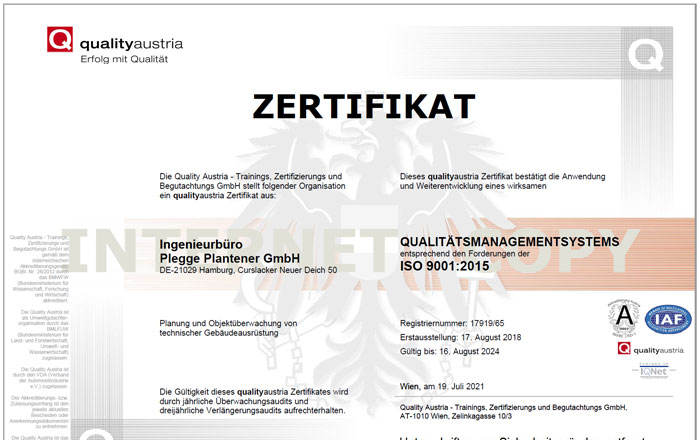 Zertifizierung unseres Qualitätsmanagementsystems (QMS) nach DIN EN ISO 9001